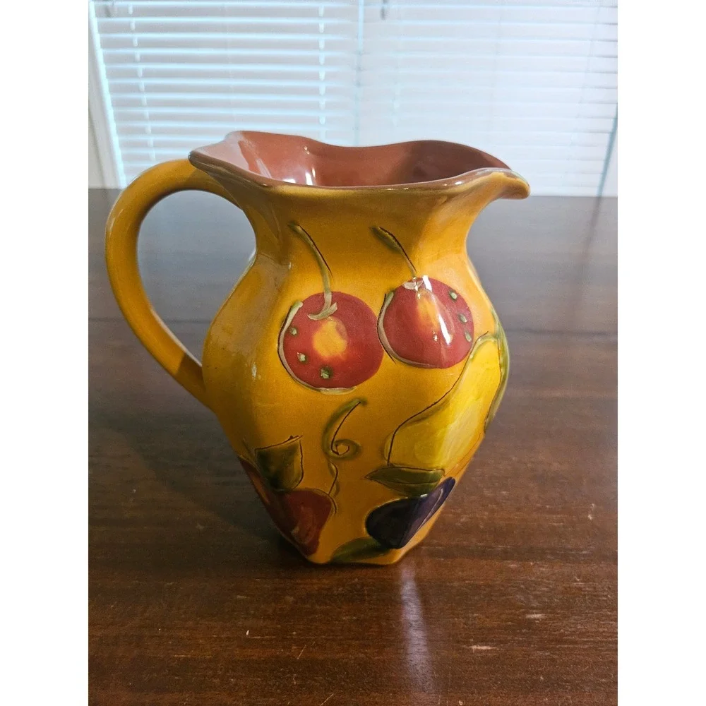 C.Kao Fruit Pitcher Home Decor Yellow Hand Painted Ceramic Grapes Cherries Pears